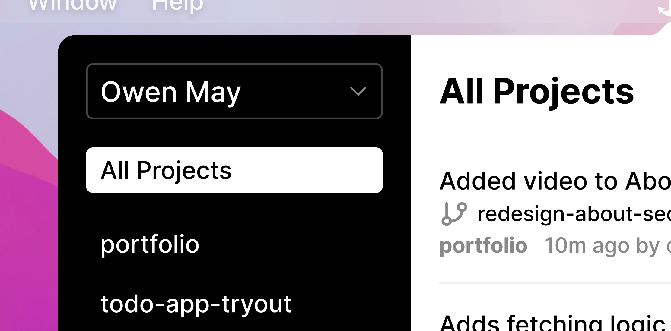 A screenshot of Shiplog, zoomed in on its sidebar. The "All Projects" item is selected, followed by the projects "portfolio", "todo-app-tryout", and "tech-blog".