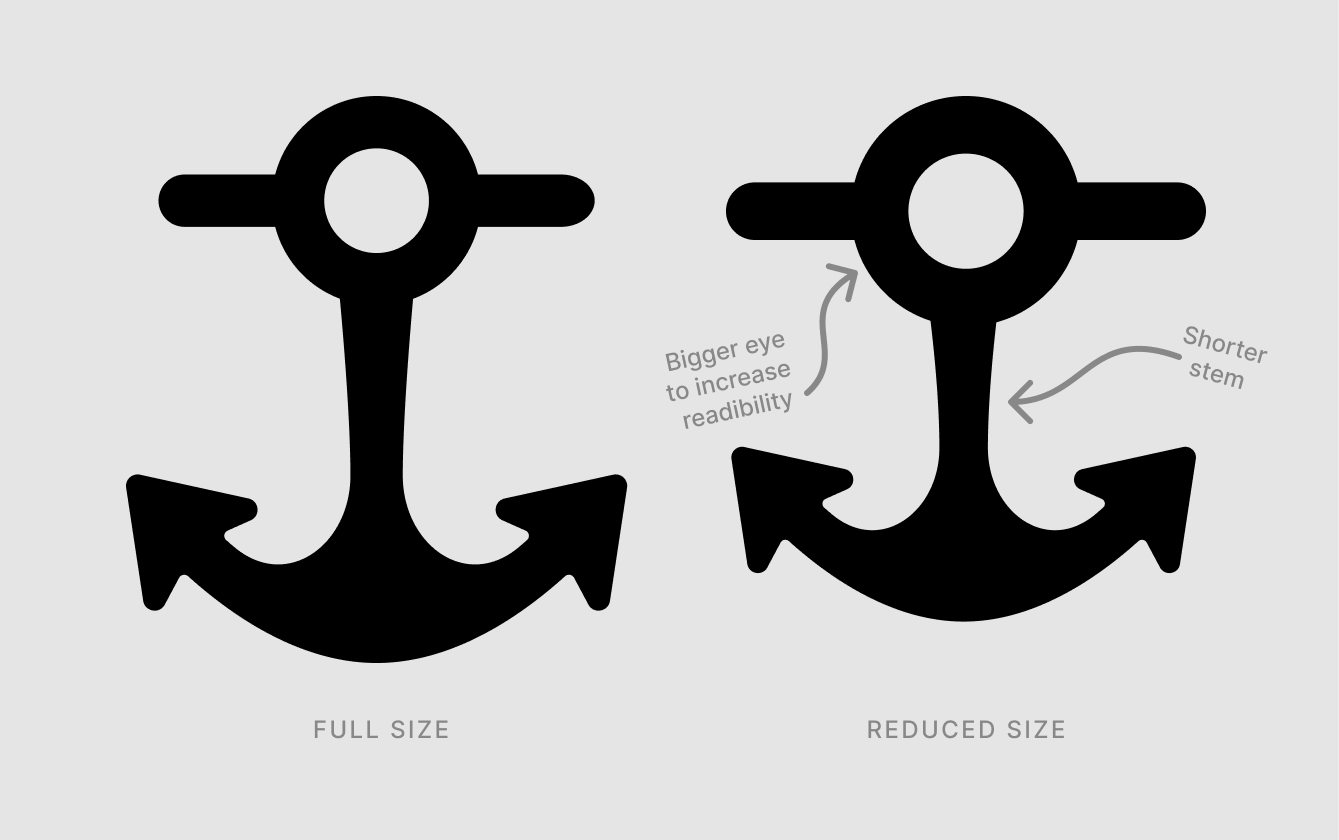 A comparison of the full size Shiplog icon and its reduced size: the eye is increased and the stem is shortened.